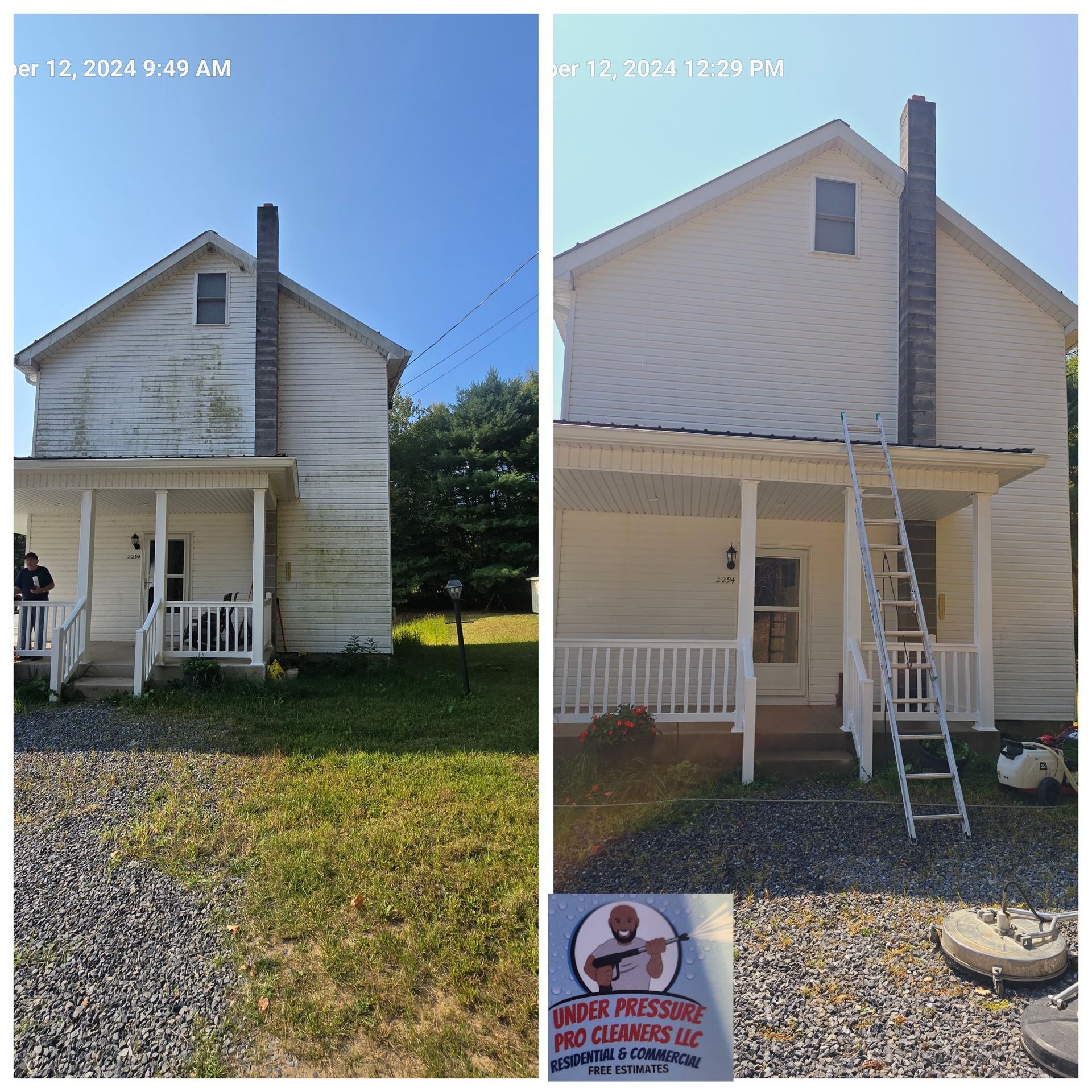 Before and after photo of a house exterior cleaned by pressure washing, showing significant removal of dirt and grime.