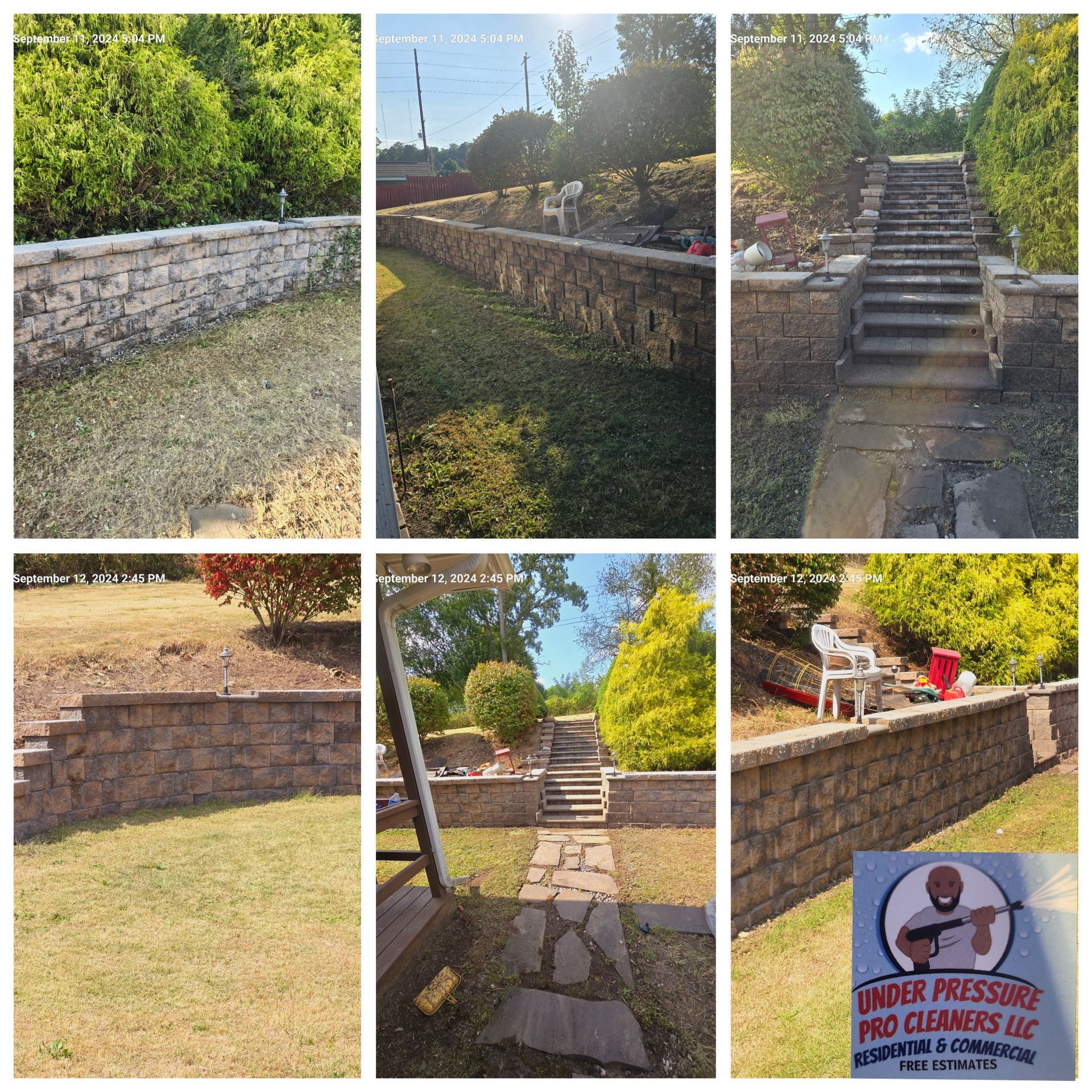 Before and after photos of stone retaining walls and steps being cleaned by Under Pressure Pro Cleaners LLC.