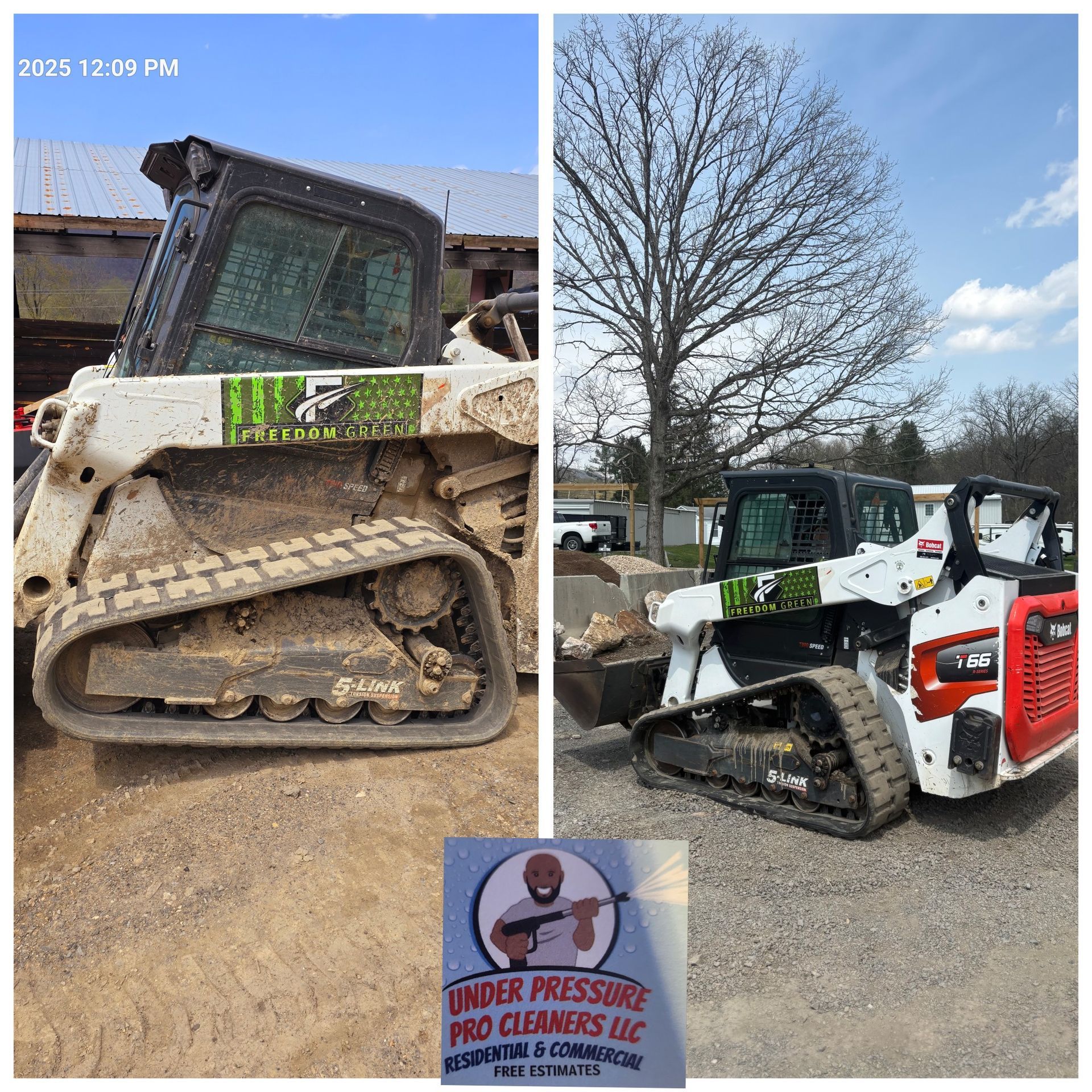 A side-by-side view of a white skid-steer loader, featuring a company logo for Under Pressure Pro Cleaners LLC.