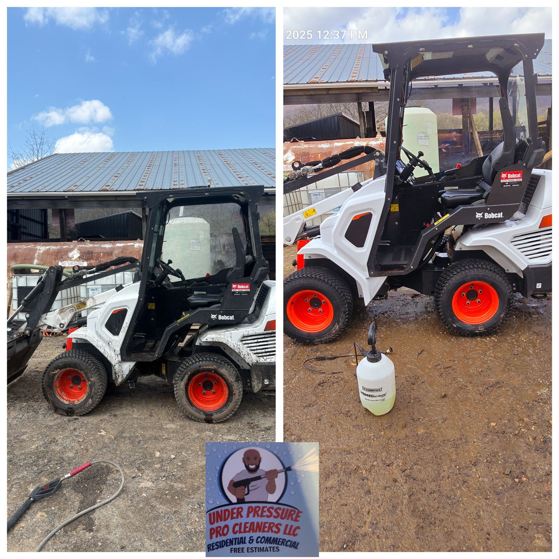 Before and after photos of a white Bobcat loader being cleaned by Under Pressure Pro Cleaners LLC.