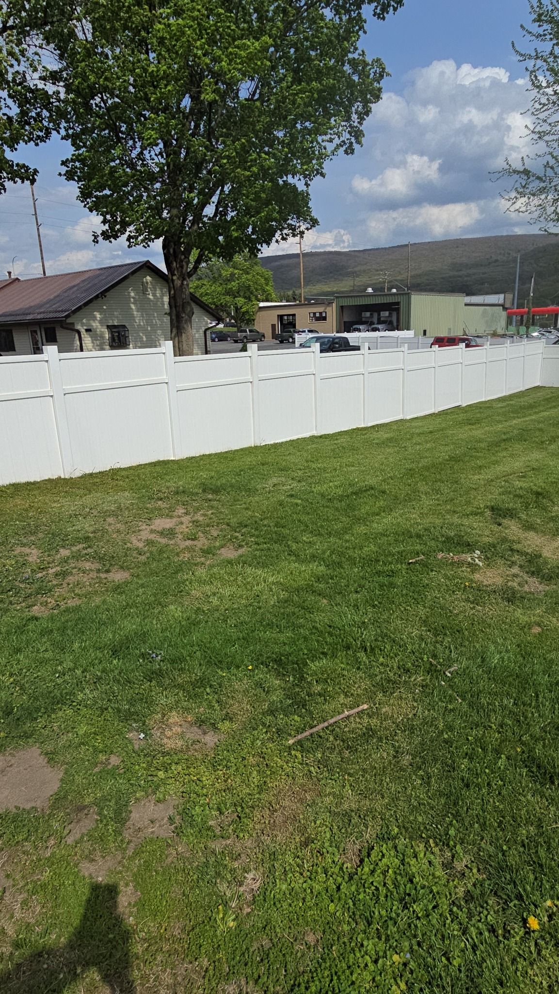 A white vinyl fence borders a green grassy yard under a bright, partly cloudy sky.