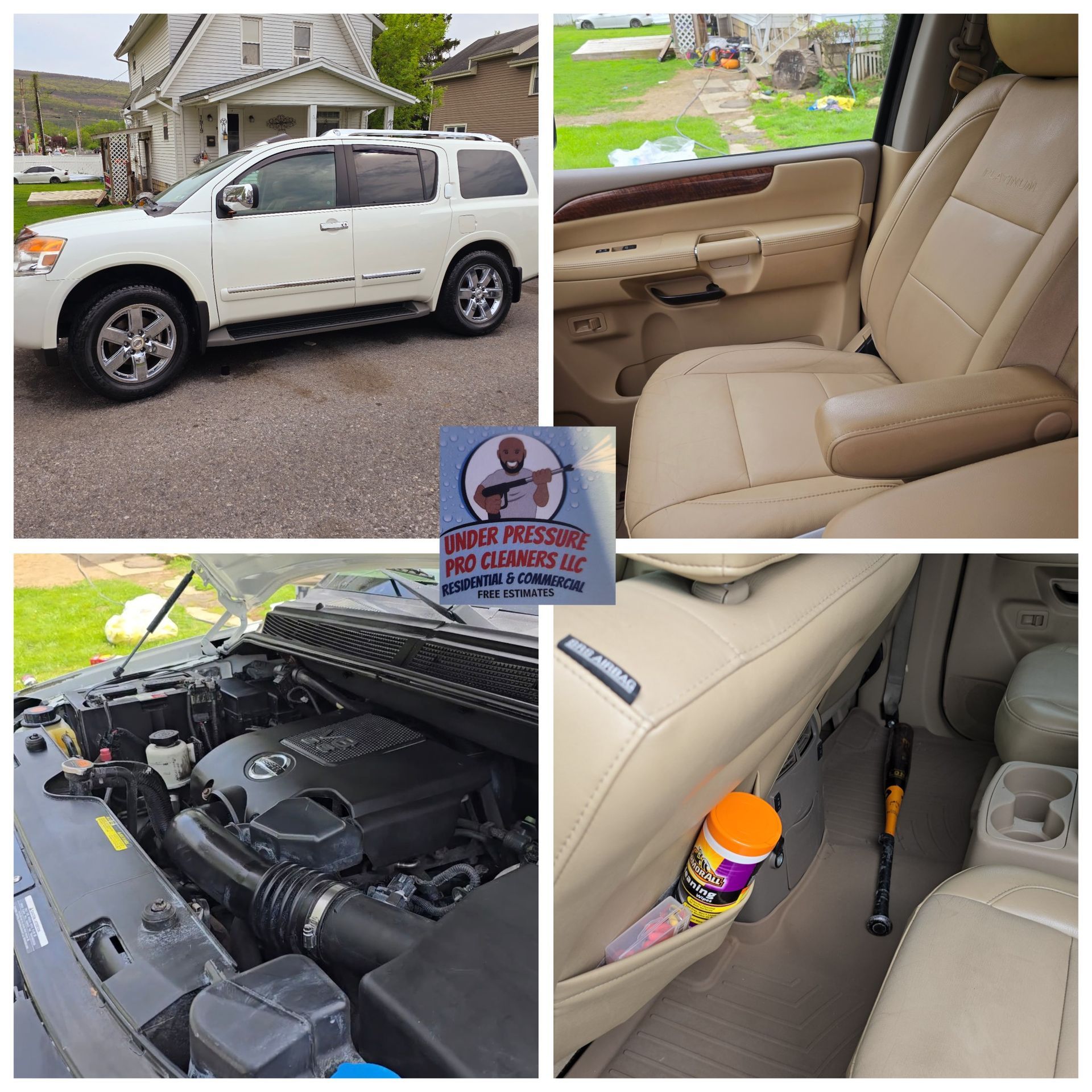 A collage of a white SUV, its tan leather interior, the engine, and the back seat, featuring a detailing business logo.