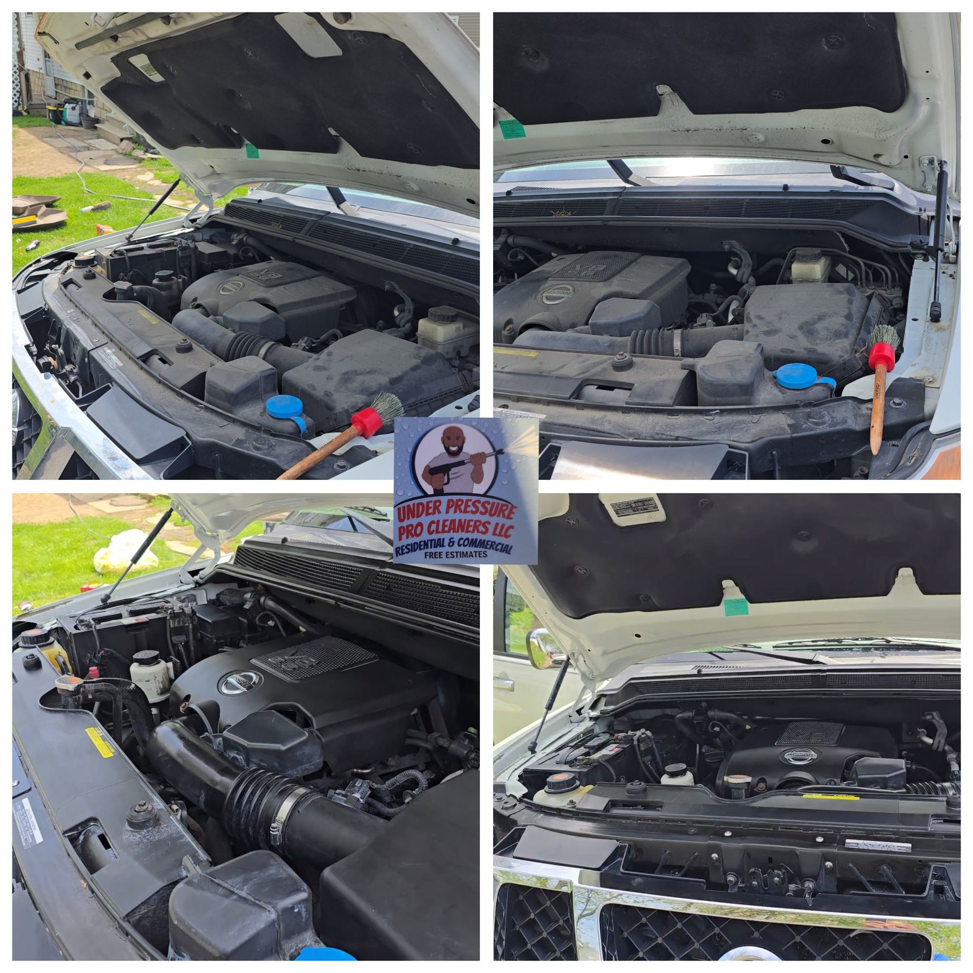 A collage showing before-and-after photos of a clean vehicle engine bay, with a business logo in the center.