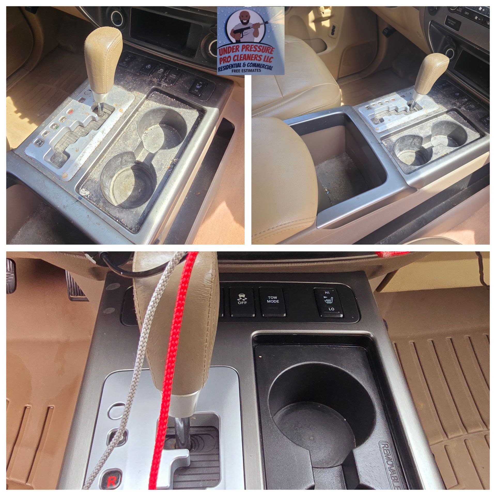 Three photos show a car's center console before and after cleaning, featuring tan upholstery and a dark grey gear shifter.