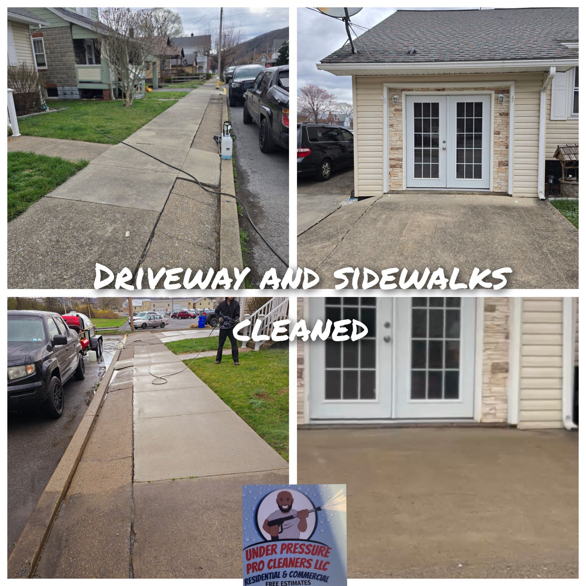 Before-and-after photos of a residential sidewalk and driveway pressure washed by Under Pressure Pro Cleaners LLC.
