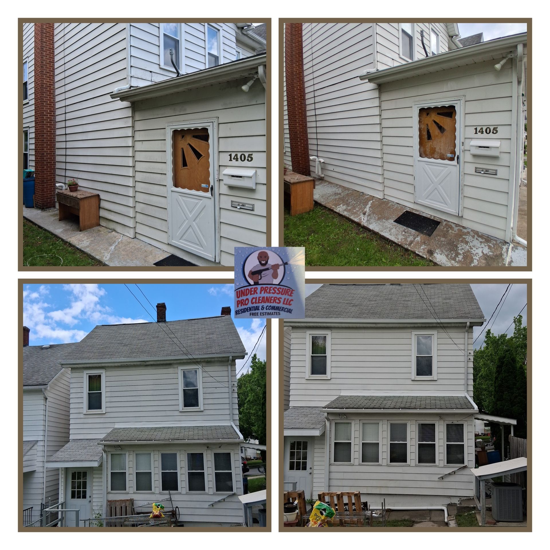 Before and after photos showing two different residential houses cleaned by a pressure washing service.