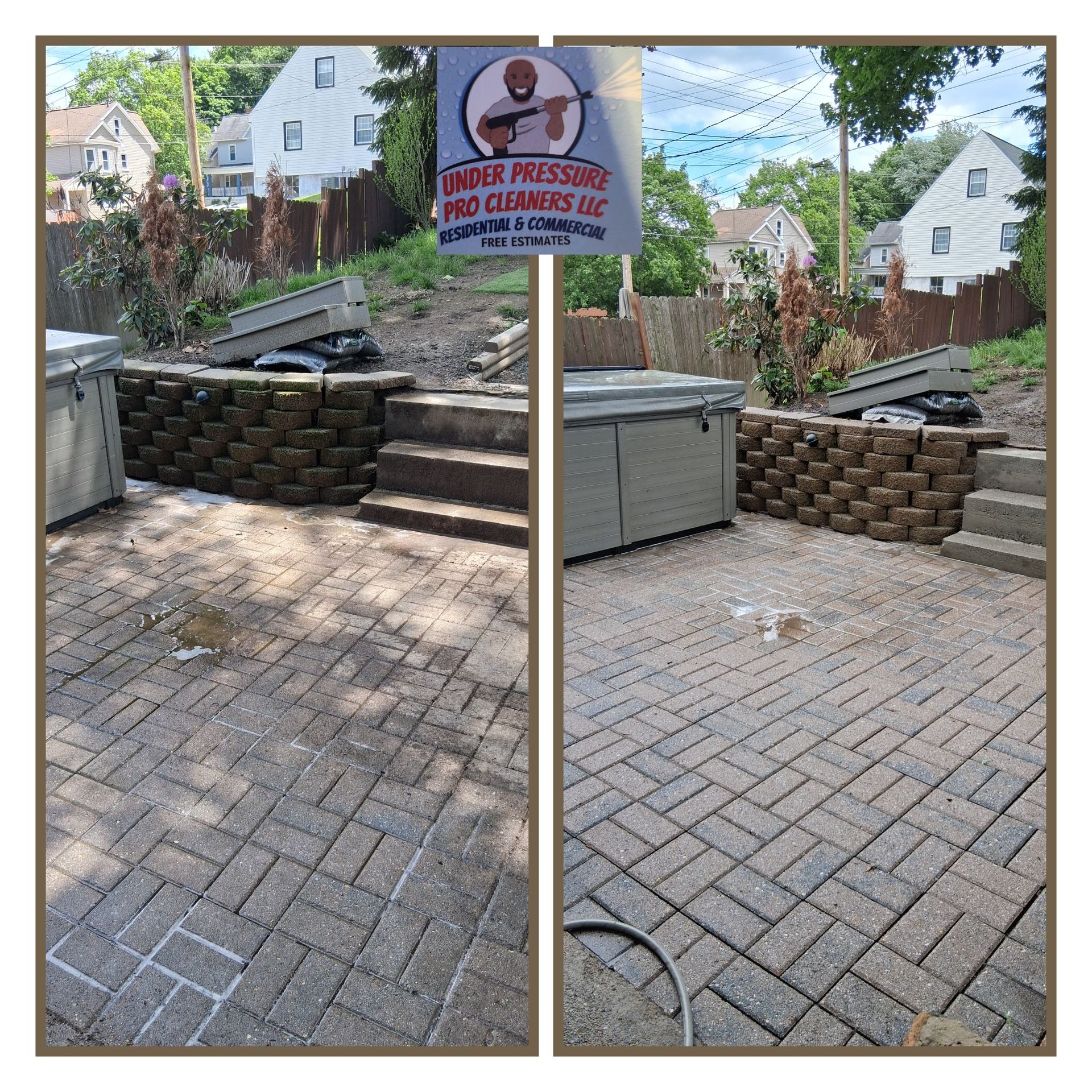 A side-by-side comparison of a brick patio before and after pressure washing, featuring a company logo at the top.