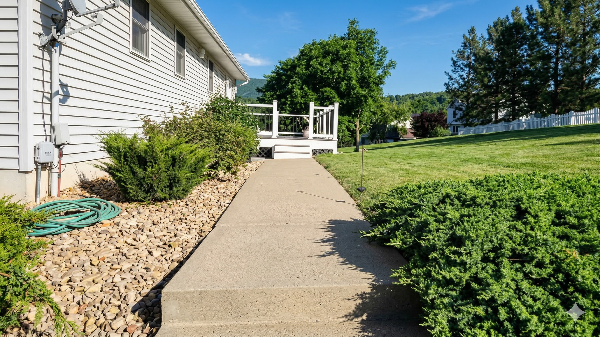 A concrete sidewalk leads to a white deck on the side of a house with light-colored siding, surrounded by shrubs and grass.