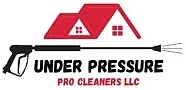 Logo for Under Pressure Pro Cleaners LLC featuring a red house icon and a pressure washer spraying water.