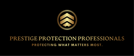 Logo for Prestige Protection Professionals, black and gold. Features a circle with 