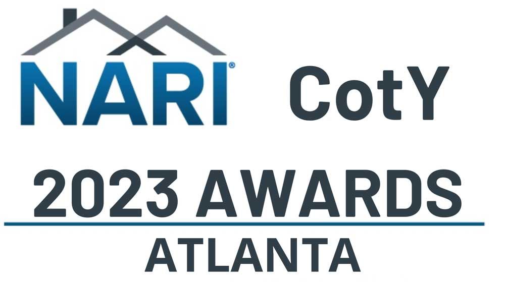NARI CotY 2023 Awards Atlanta logo. Features blue and gray text, two house silhouettes, and the NARI logo.