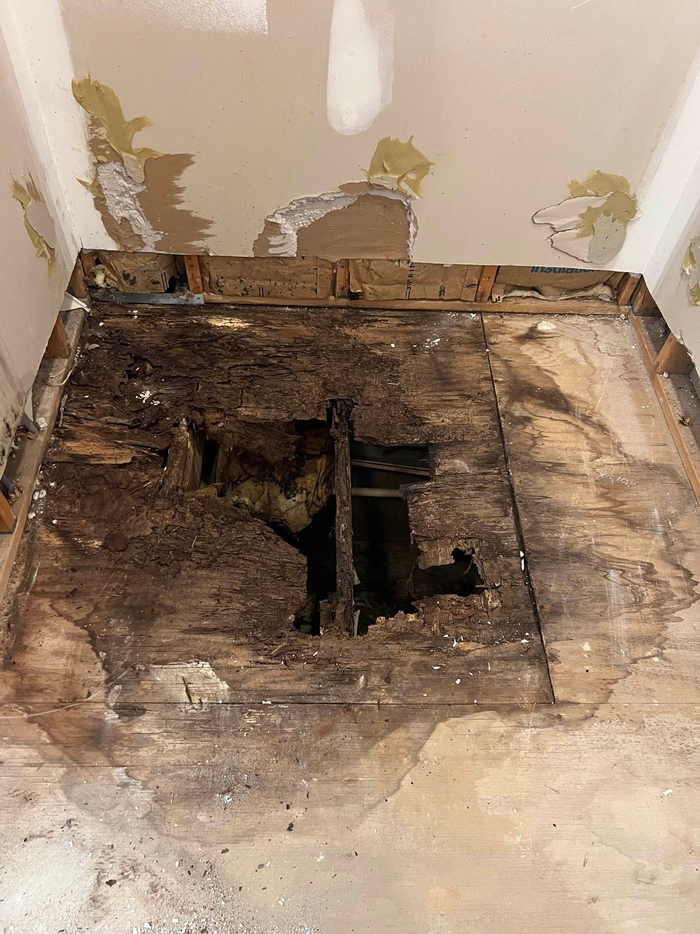 Damaged bathroom floor with exposed, rotting wood and hole. Ceiling shows water damage and missing paint.