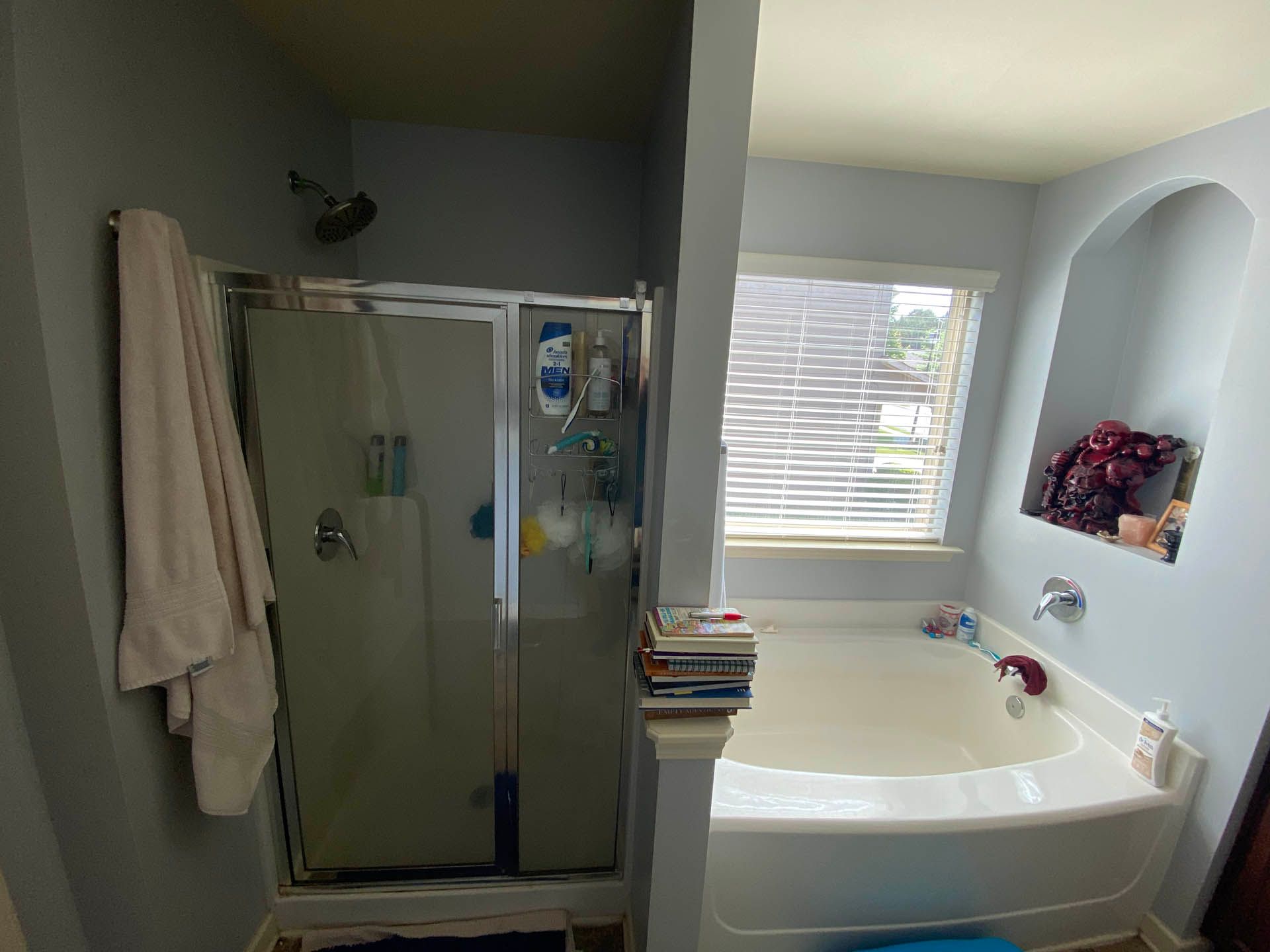 A bathroom with a glass shower, a bathtub, and an alcove. The walls are painted blue.