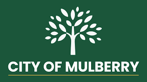 City of Mulberry flag with a white tree on a green background, with 