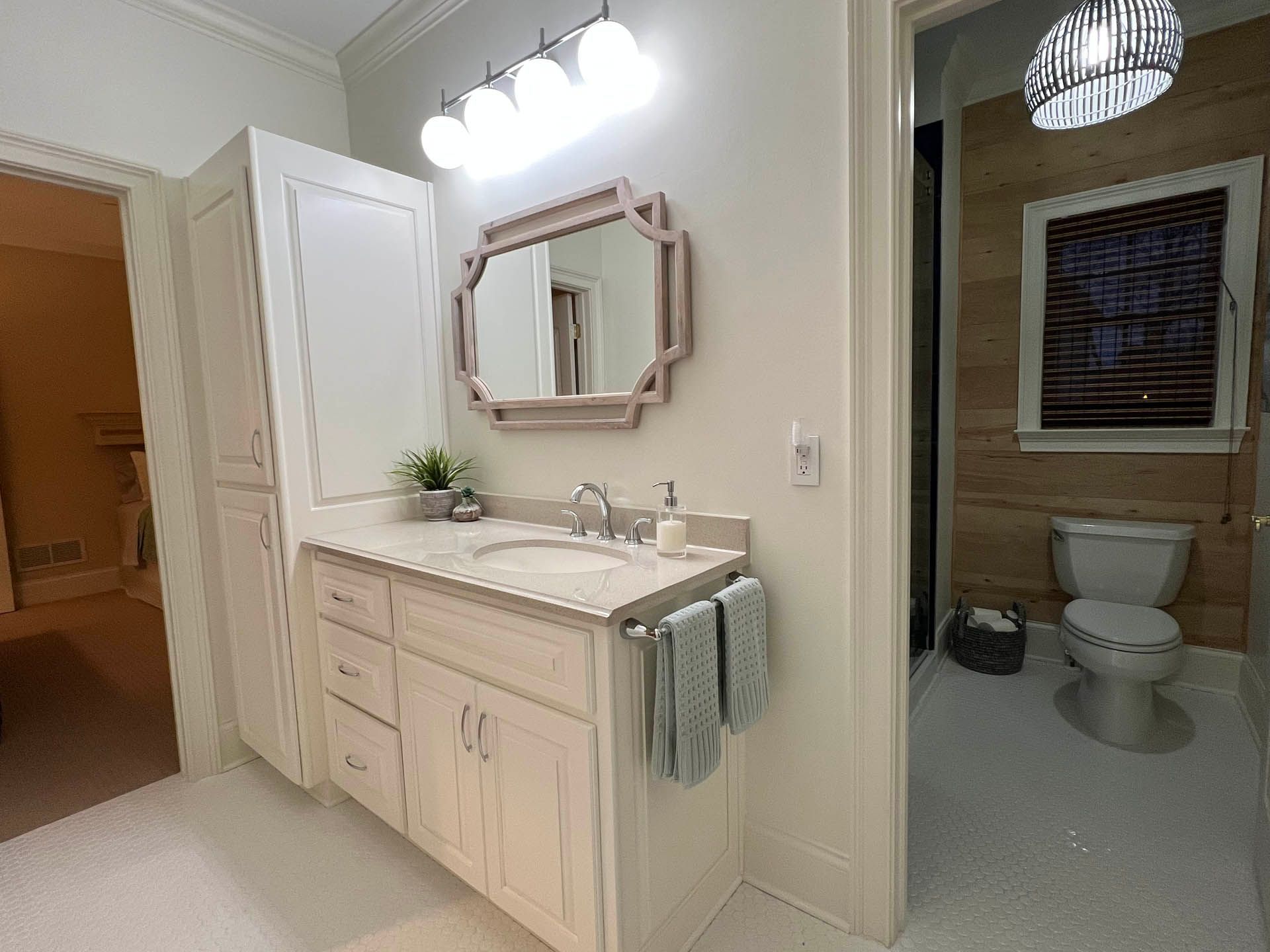 a bathroom with a sink a mirror and a toilet