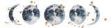 Phases of the moon, rendered in watercolor with a blue and gray palette, accented by gold stars, on a white background.