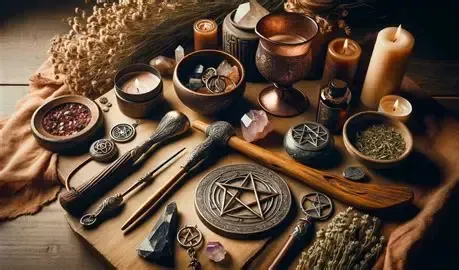 Arrangement of ritual items on a wooden surface: candles, herbs, crystals, and pentacle symbols.