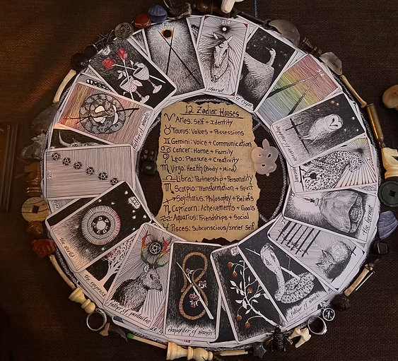 Circular arrangement of tarot cards and a handwritten note surrounded by bones and other objects.