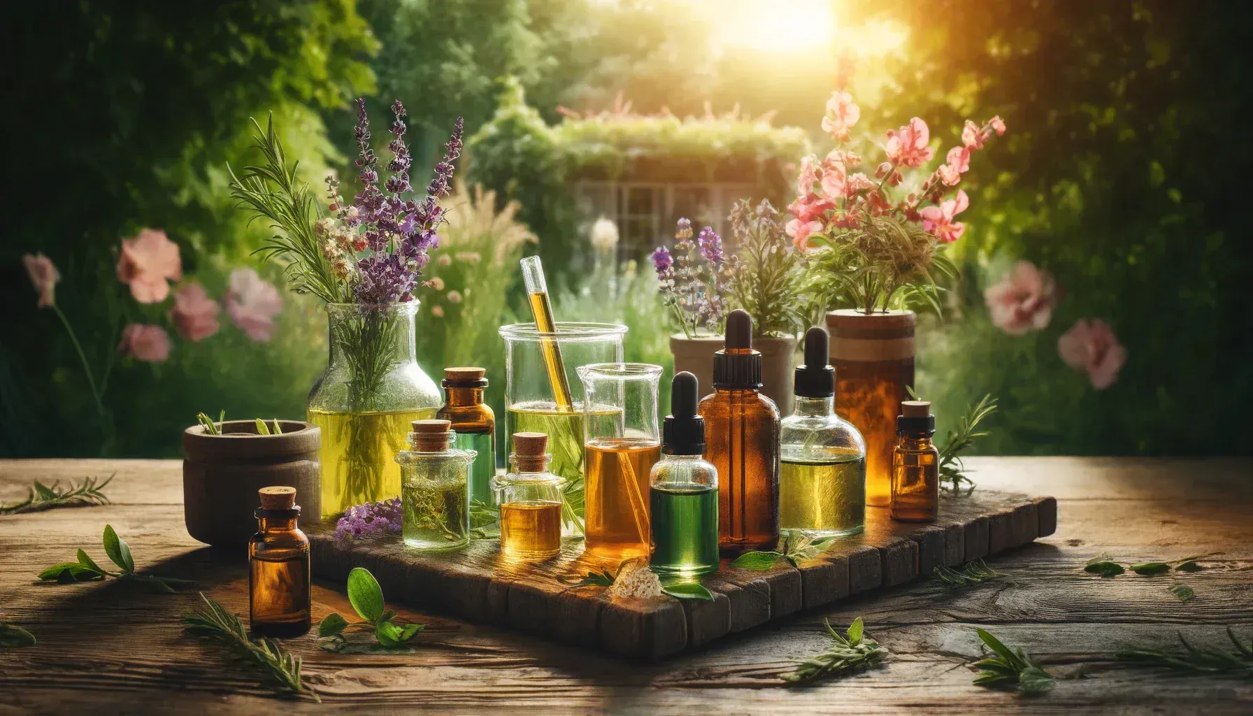 A wooden tray holds various amber and clear glass bottles with essential oils