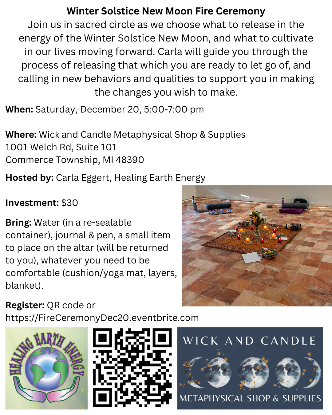 Poster for a Halloween Sound Bath event, with candles, sound bowls, and a gong. Location: Commerce, MI. Date: Nov 1, 2025.