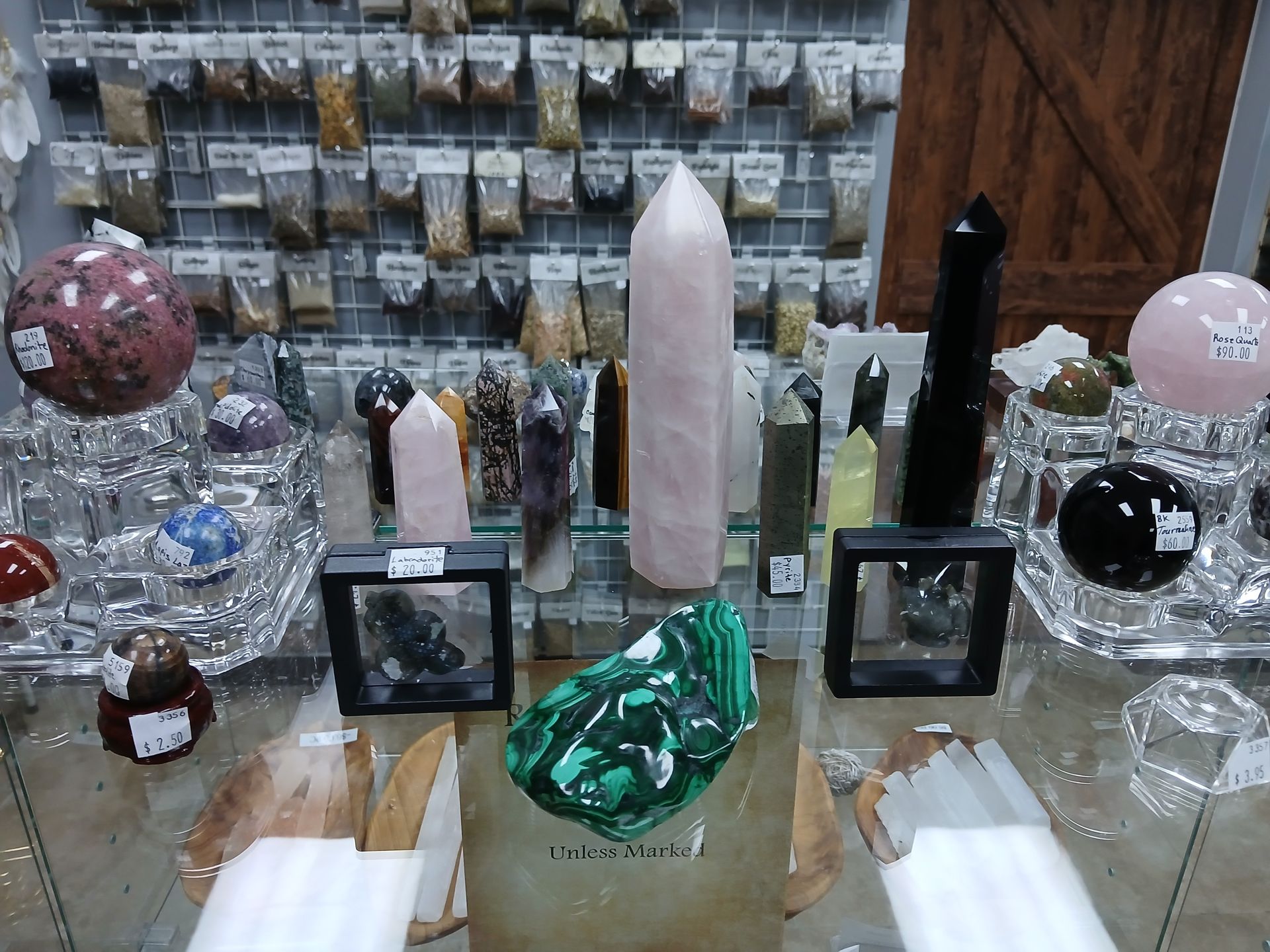 Display of various gemstones in a shop. 