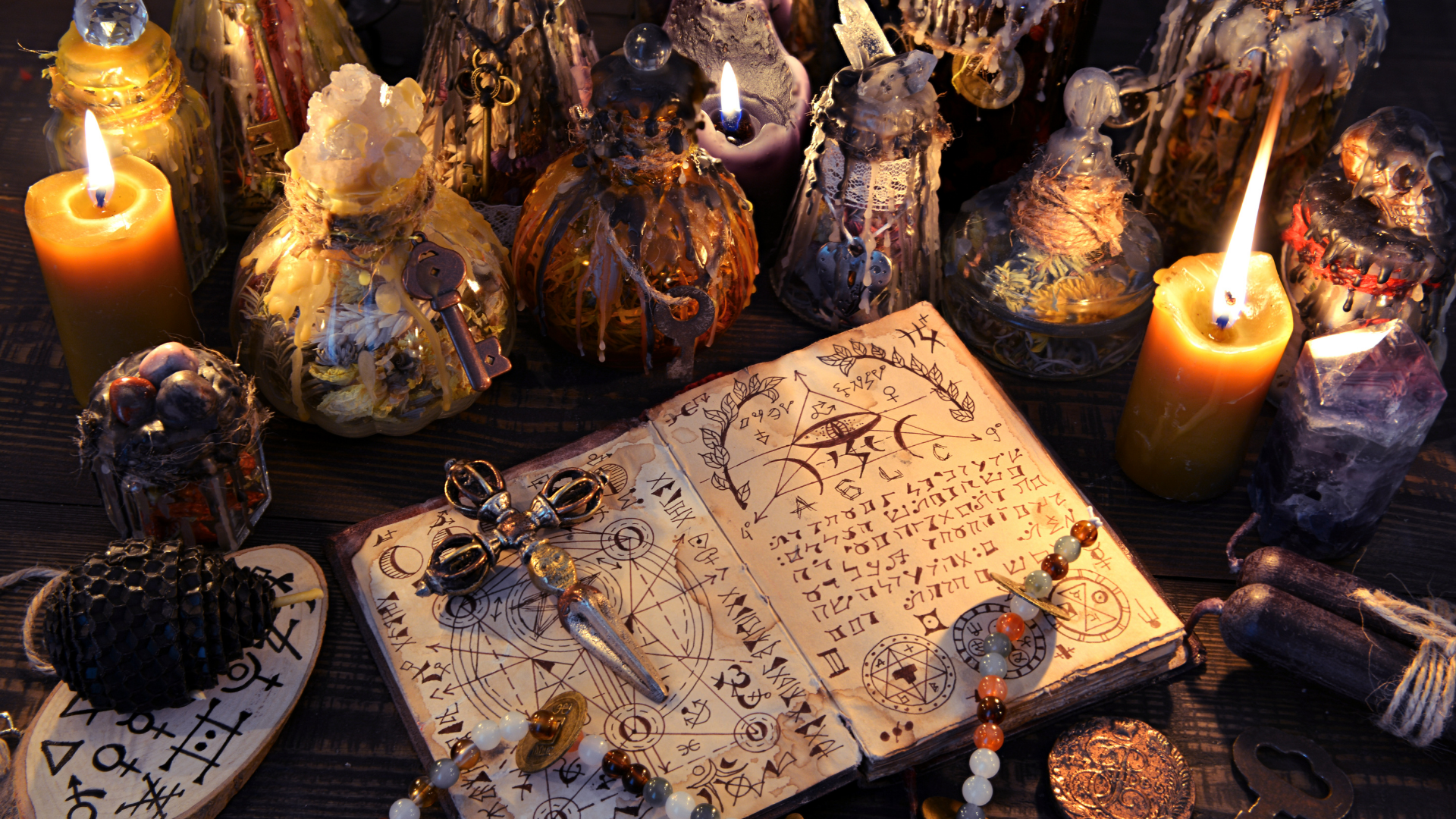 An open, antique book with candles, potions, and ritual objects on a wooden table, dimly lit.