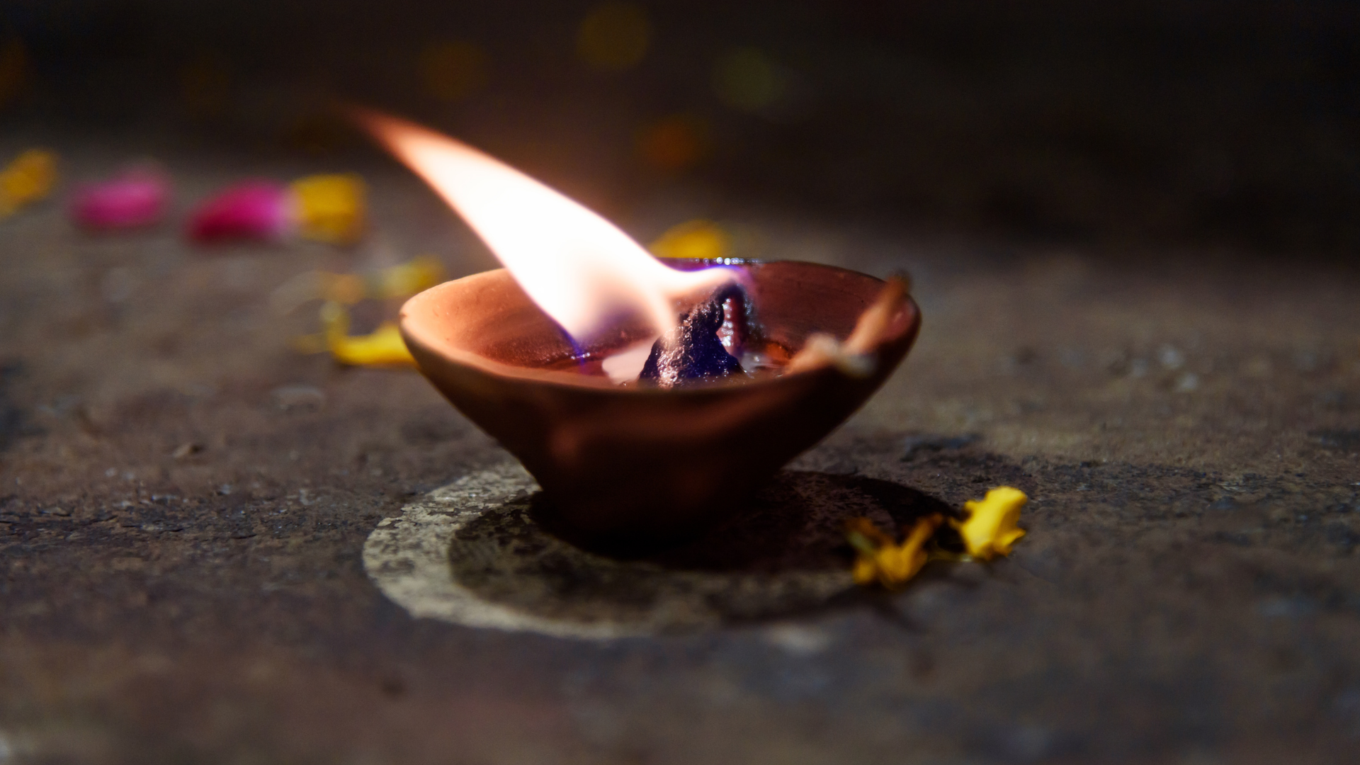 Burning oil lamp, brown clay bowl, flickering flame, dark background, small flowers.