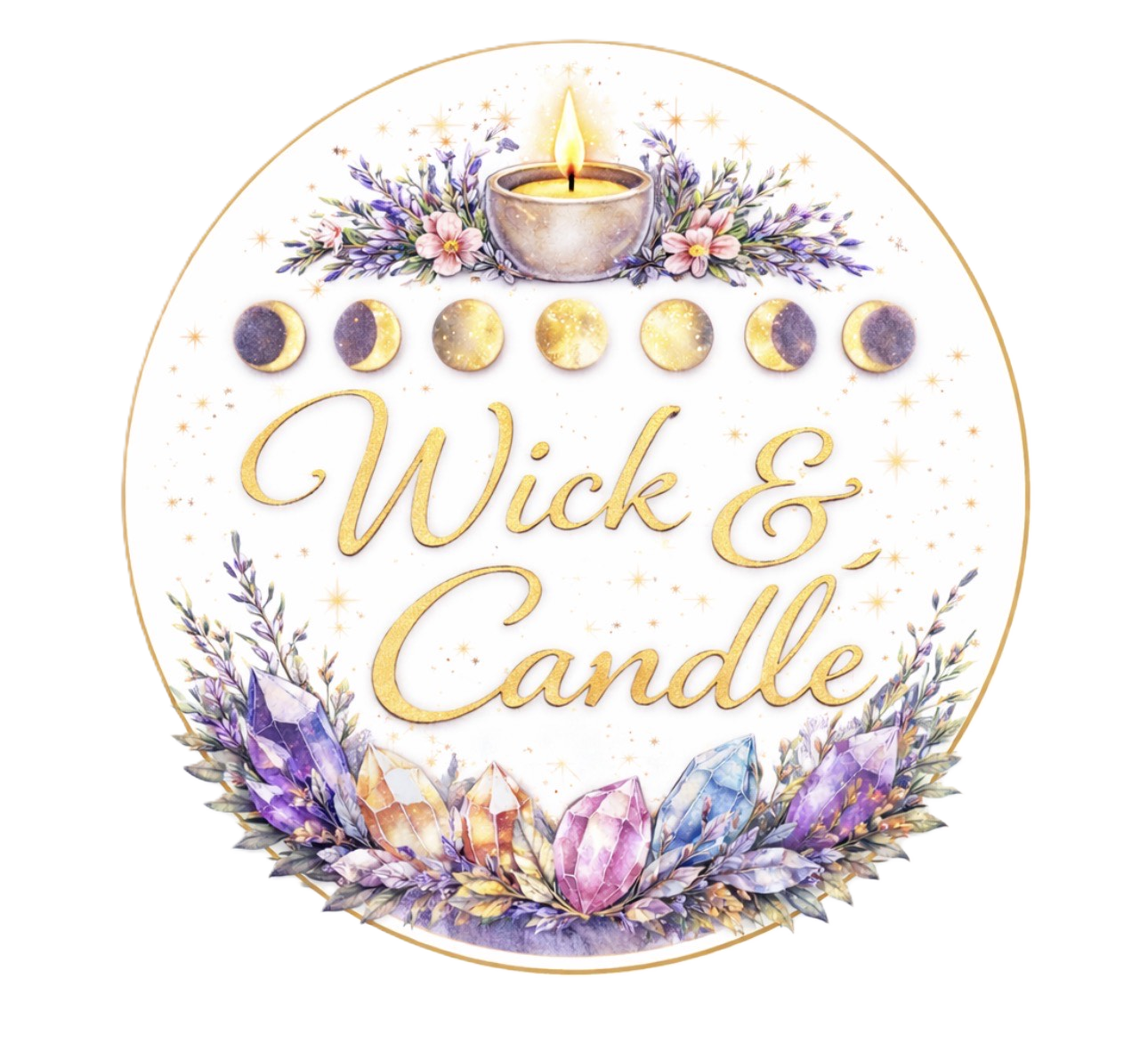 Logo for Wick and Candle, a metaphysical shop, featuring watercolor moon phases, constellations, and text.