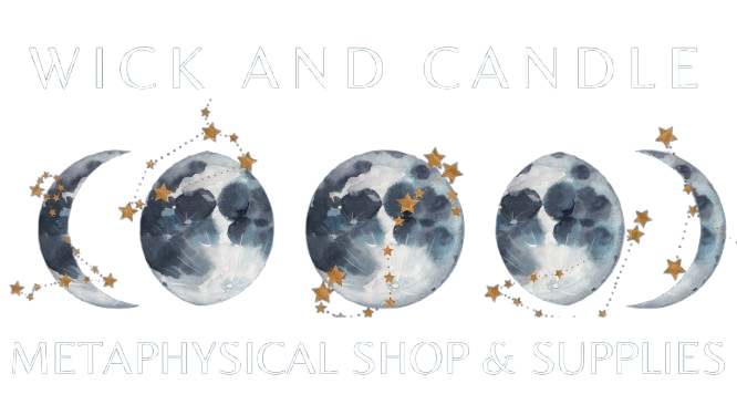 Logo for Wick and Candle, a metaphysical shop, featuring watercolor moon phases, constellations, and text.