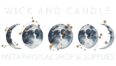 Logo for Wick and Candle, a metaphysical shop, featuring watercolor moon phases, constellations, and text.