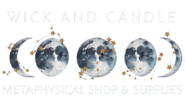 Logo for Wick and Candle, a metaphysical shop, featuring watercolor moon phases, constellations, and text.