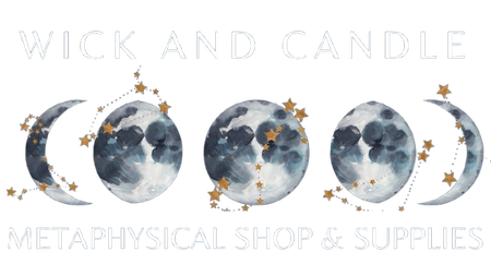 Logo for Wick and Candle, a metaphysical shop, featuring watercolor moon phases, constellations, and text.
