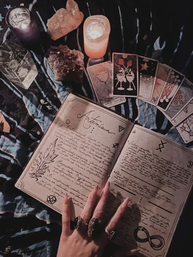 A hand with long nails and rings rests on an open journal, surrounded by tarot cards, candles, and crystals.