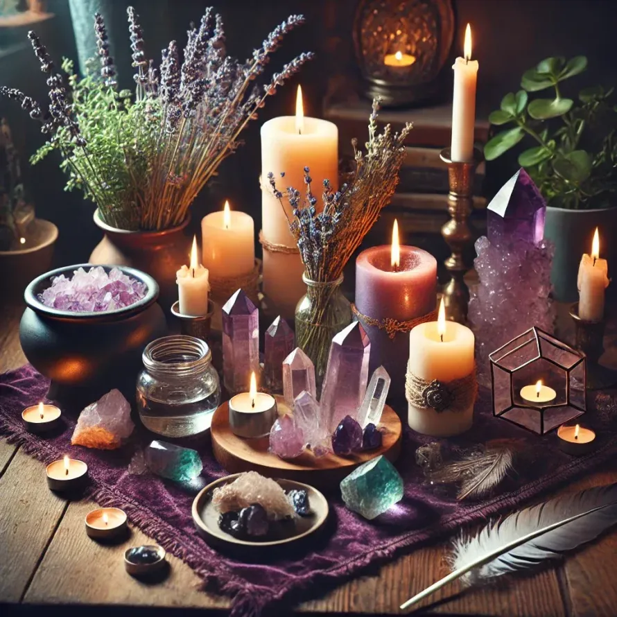 A wooden table topped with candles , crystals , and flowers. A mystical scene: crystals, candles, herbs, and dried lavender arranged on a wooden table with a purple cloth.