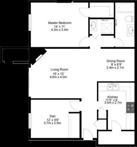 A floor plan of a house with a living room , dining room , and master bedroom.