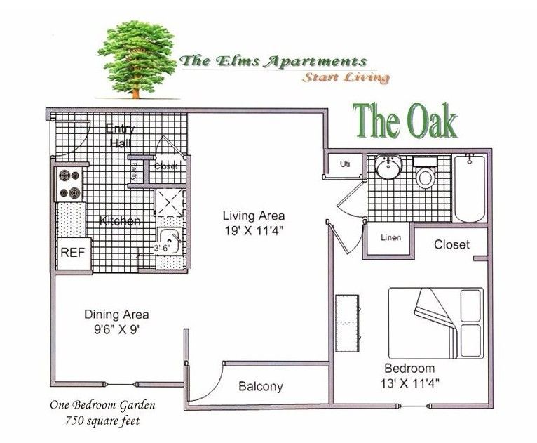 A floor plan of a small apartment called the oak