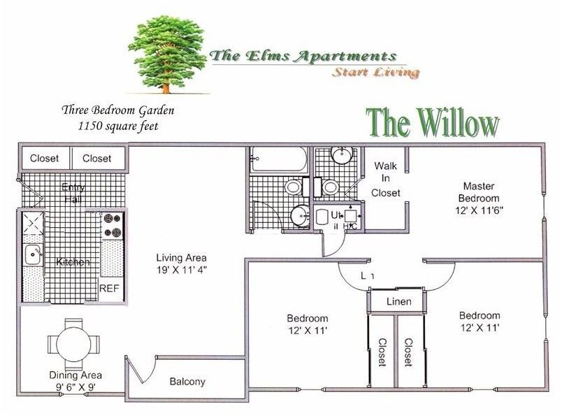 A floor plan of a small apartment called the oak