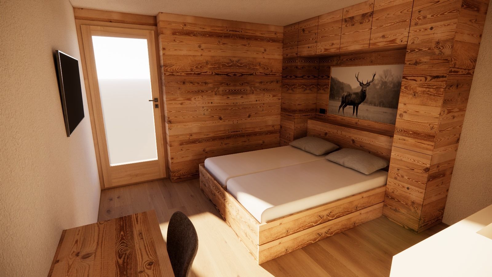 A bedroom with a bed , desk , television and wooden walls.