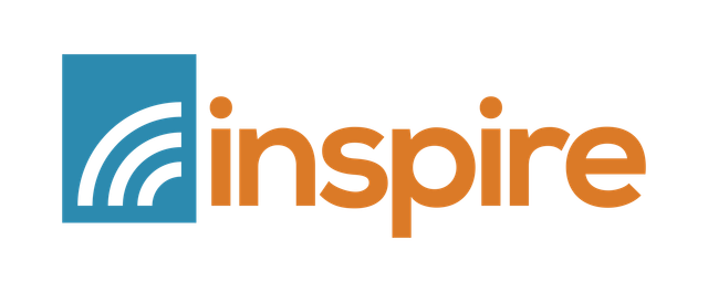 Logo for Inspire: blue square with white arcs, orange text.
