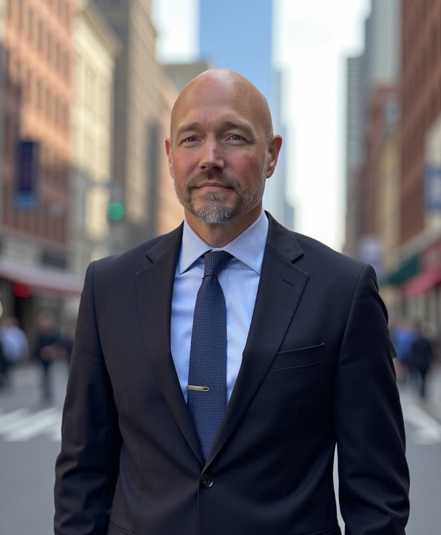 Man in a suit and tie standing on a city street, looking at the camera.