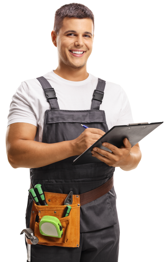 Smiling handyman in gray overalls holding a clipboard and pencil, with a tool belt and white shirt