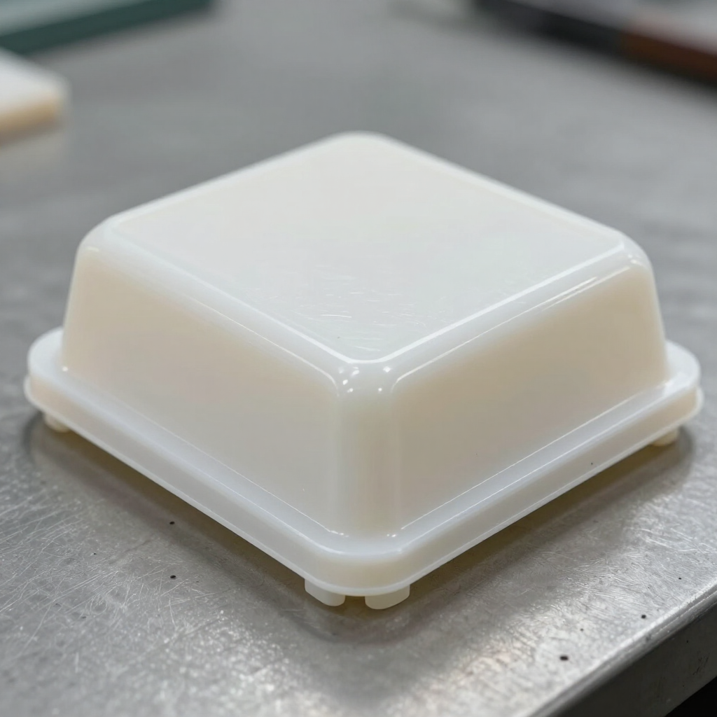 Pieza plástica recién moldeada en mesa de trabajo