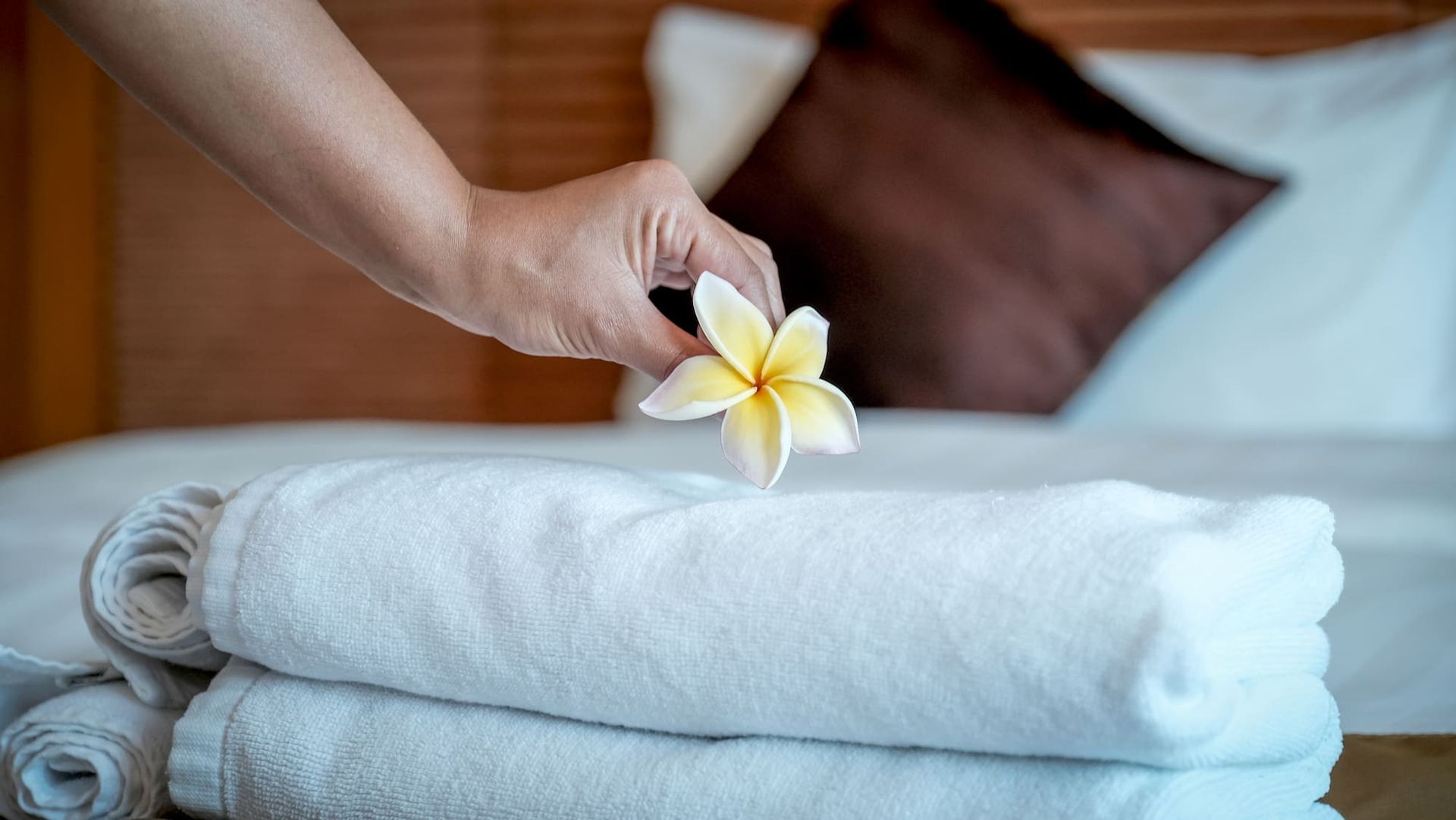 Hand placing a white and yellow flower on a stack of white towels on a bed with a brown pillow.
