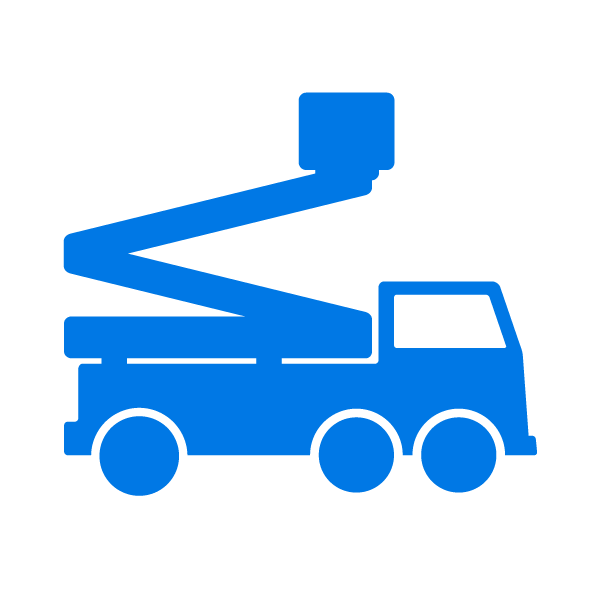 Blue utility truck with an articulated boom lift extended.