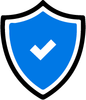 Blue shield with white checkmark, representing security or verification.