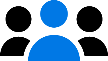 Three silhouetted people icons; one blue centered, two black flanking.