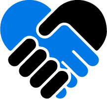 Blue and black hands clasped in a heart shape, symbolizing cooperation and agreement.