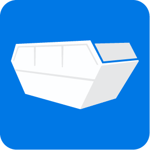 White dumpster icon on a blue square background.