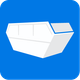 White dumpster icon on a blue square background.