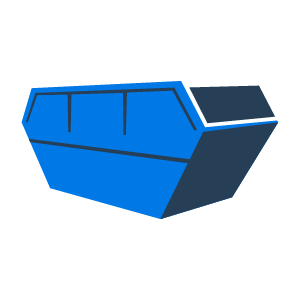 Blue dumpster, open on one end, used for waste disposal.